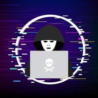 ilustración vectorial con fondo de código binario. plantilla de logotipo de hacker. símbolo de ladrón digital con laptop. icono de pirata informático. vector