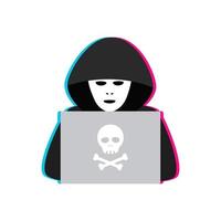 Hacker, Cyber criminal with laptop stealing user personal data. Hacker attack and web security concept. Vector illustration with glitch effect.