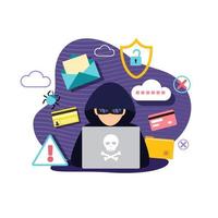 Vector illustration of Hacker logo template. Symbol of digital thief with laptop. Hacker icon.