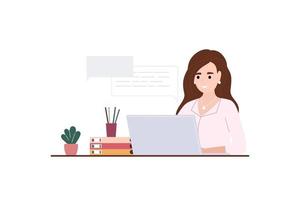 Girl works at a laptop. Modern flat style. Vector illustration.