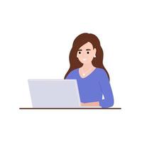 Girl sitting at a laptop. Work and communication on the Internet. Modern flat style. Vector illustration.