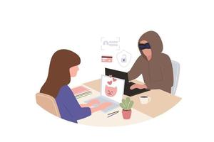 The girl communicates with the Internet liar and thief. Cyber security concept. Vector illustration in modern style.