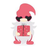 Vector illustration of cute gnome in love with gift. Valentines day design.