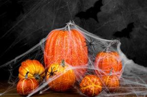 Front view spooky halloween banner with spiderweb covering pile of pumpkins. photo