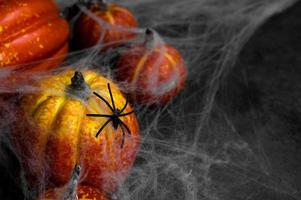 pancarta misteriosa de halloween con calabazas y telaraña. foto