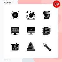 conjunto de pictogramas de 9 glifos sólidos simples de dispositivo computadora película desarrollo web elementos de diseño vectorial editables vector