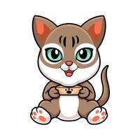 Cute singapura cat cartoon holding food bowl vector