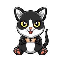 Cute black smoke cat cartoon holding food bowl vector