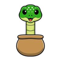 Cute green tree python cartoon out from pot vector