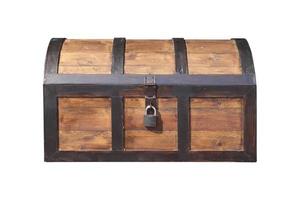 Vintage wooden chest with key lock isolated. photo