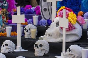 day of the dead altar, cempasuchil all over the floor in purple background photo