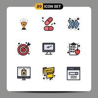 User Interface Pack of 9 Basic Filledline Flat Colors of computer center pills bulls eye right Editable Vector Design Elements