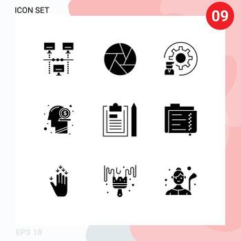 Group of 9 Modern Solid Glyphs Set for money human coding head programmer Editable Vector Design Elements