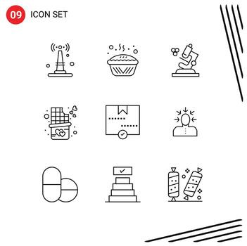 Set of 9 Vector Outlines on Grid for delivery approve tin sweet chocolate bar bite Editable Vector Design Elements