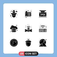 Modern Set of 9 Solid Glyphs Pictograph of gauge internet shop infrastructure cloud Editable Vector Design Elements