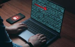 Woman using laptop on wood desk with cyberattack warning on screen. Cyber security concept. Future technology. Hacker. photo