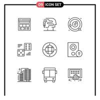 Mobile Interface Outline Set of 9 Pictograms of game dice printing sphere planets orbiting Editable Vector Design Elements