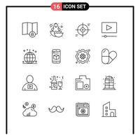 Pictogram Set of 16 Simple Outlines of holiday celebration focus player cinema Editable Vector Design Elements