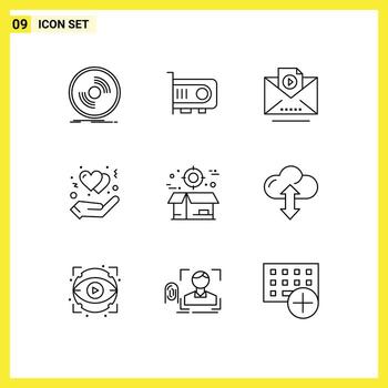 Editable Vector Line Pack of 9 Simple Outlines of boxes heart computer hand protect Editable Vector Design Elements