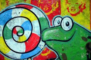 Street art. Abstract background image of a full completed graffiti painting with cartoon frog and lollipop