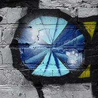 Street art. Abstract background image of a fragment of a colored graffiti painting in chrome and blue tones photo