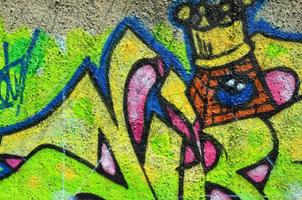 Texture of a fragment of the wall with graffiti painting, which is depicted on it. An image of a piece of graffiti drawing as a photo on street art and graffiti culture topics