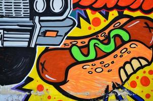 A detailed image of the graffiti drawing. A conceptual street art background with a hot dog photo