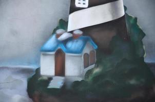 Detailed image of color graffiti drawing. Background Street art background with a painted sea lighthouse photo