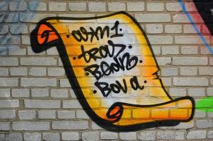 Close up view of graffiti drawing details. Background image on the theme of street art and vandalism. Texture of the wall, painted with aerosol paints photo