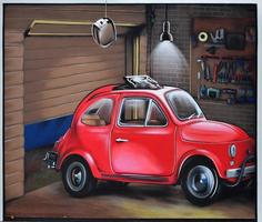 Detailed image of color graffiti drawing. Background Street art background with painted red car in the garage photo