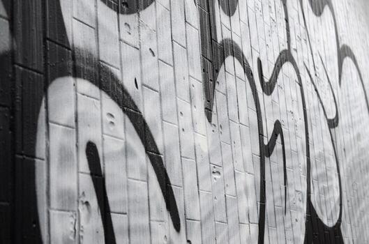 A fragment of a graffiti pattern, applied to a wall of cold tiles, which is covered with a fine condensate. The concept of street art in inappropriate weather photo