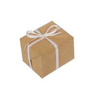 wrapped brown present box with white ribbon bow, isolated on white photo