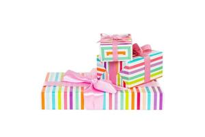 Set of Christmas or other holiday handmade present in colored paper with pink ribbon. Isolated on white background, top view. thanksgiving Gift box concept photo