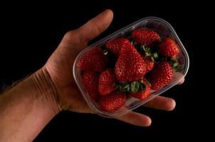 Hand holding strawberries on black background photo