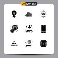 Pack of 9 creative Solid Glyphs of hand news coffee world wide brightness Editable Vector Design Elements
