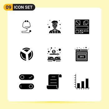 User Interface Pack of 9 Basic Solid Glyphs of dollar book design analytics graph Editable Vector Design Elements