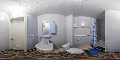 Panorama de 360 sin costuras en el interior del baño de un hotel barato, piso o apartamentos con inodoro, lavabo y ducha en proyección equirectangular con cenit y nadir. contenido vr ar foto