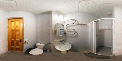 seamless 360 panorama in interior of bathroom of cheap hotel,  flat or apartments with toilet, washbasin and shower in equirectangular projection with zenith and nadir. VR AR content photo