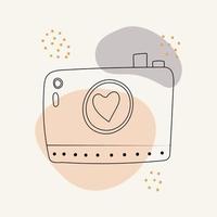 Card, line icon, photo camera with heart, spots and dots. Valentine's day elements and wedding doodles. Design for prints, postcards, prints. vector