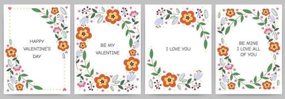 Happy Valentine's Day greeting card set, wedding invitations, declaration of love. Rectangular patterns with flowers. Vector illustration isolated on white background.