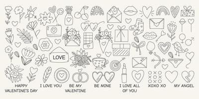 Set of icons, elements for Valentine's day, declarations of love and wedding doodles. Design for prints, postcards and coloring books. Black line on a white background. vector