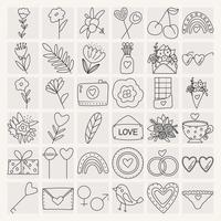 Set of icons, elements for Valentine's day, declarations of love and wedding doodles. Hearts, flowers, mug, glasses, panties. Black line. vector
