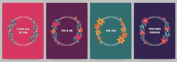 Set of greeting cards Happy Valentine's Day, invitations, declaration of love. Rectangular templates with flowers, circles, frame for text. Vector illustration on a bright background.