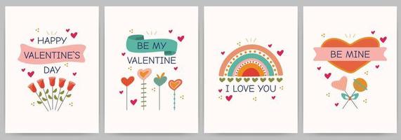 Set of greeting cards Happy Valentine's Day, invitations, declaration of love. Rectangular templates with candies, hearts, ribbons, roses, rainbow. Vector illustration with text.