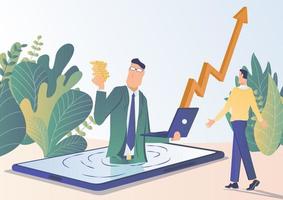 Finance growth. A businessman with a laptop comes out of the phone screen and holds the coins. Above him is an arrow of financial growth. vector