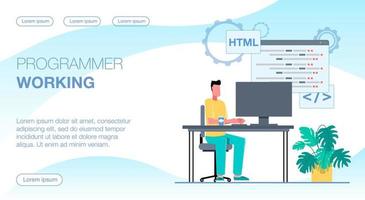 programador trabajando. el programador trabaja en la computadora. un hombre se sienta en su escritorio, encima de él ventanas con código de programa. ilustración vectorial plana. vector