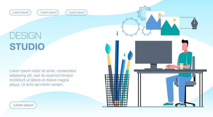 The designer works at the computer in the design studio