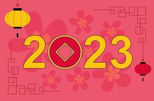 año Nuevo Chino. la inscripción 2023 con una moneda. linternas chinas y flores vector