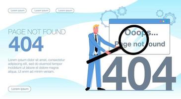 A 404 not found error. The businessman is holding a magnifying glass, it showed a 404 error. Flat vector illustration.