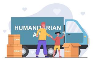 ayuda humanitaria. una mujer y su hijo participan en la recogida de ayuda humanitaria. trabajar como voluntario. vector